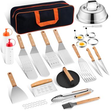 Imagem de Conjunto de 20 acessórios para grelha, ferramentas completas de aço inoxidável da HaSteeL com cúpula de derretimento de 23 cm, espátulas de metal resistente, prensa de grelha de ferro fundido para churrasco, teppanyaki ao ar livre