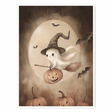 Imagem de Linda arte de parede de Halloween – Impressão em tela pastéis de bruxa peculiar para decoração assustadora de berçário ou decoração de parede de sala de jogos com estética de outono suave 30,5 x 40,6