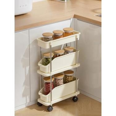 Imagem de Carrinho de armazenamento fino, com 3 andares, com cestas e rodas para espaço estreito na cozinha, sala de jantar, banheiro, lavanderia, creme branco (largura 16,3 cm)