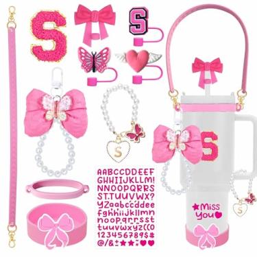 Imagem de Conjunto de 11 acessórios para copo Stanley, incluindo alça de alça, bota de silicone, chaveiro, capas de palha, adesivos de letras para copo de 850 g 1,134 g, presente ideal (P, rosa)