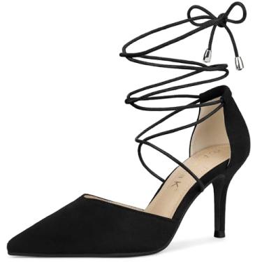 Imagem de Allegra K Sandálias femininas de salto agulha com cadarço e bico fino, Preto, 40