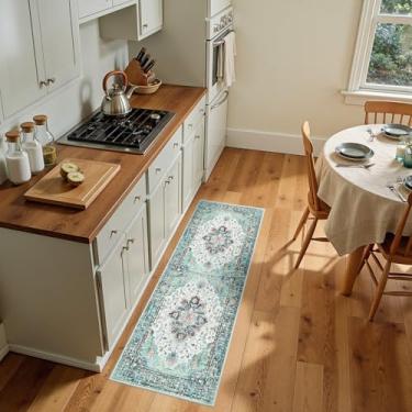 Imagem de RELEANY Tapetes de área 6,5 x 1,8 m lavável, antiderrapante, floral, vintage, estampa de angústia, tapete medalhão para sala de estar, quarto, sala de jantar, verde, azul marinho, branco, vermelho