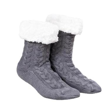 Imagem de Gealaek Meias femininas de inverno, grossas, felpudas, quentes, aconchegantes, macias, forradas com lã de ovelha, antiderrapante, com pegas, Cinza escuro, 6-10