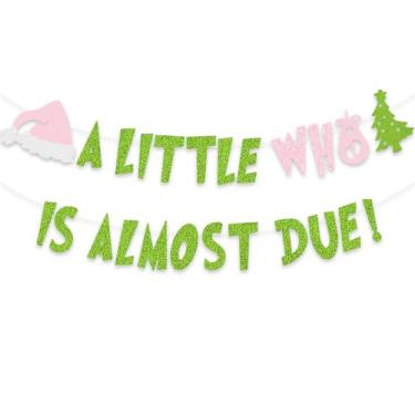 Imagem de Faixa de Natal para chá de bebê A Little Who is Almost Due decoração de festa ideias de guirlanda de pendurar de inverno verde claro rosa