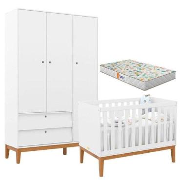 Imagem de Berço Americano E Guarda Roupa Unique 3 Portas Branco Soft Eco Wood Co