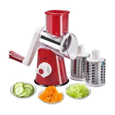 Imagem de Ralador Fatiador Multiuso 3 em 1, com Manivela, 3 Lâminas em Aço Inoxidável, Base Antiderrapante, para Legumes Verduras Queijo, 23,5x13,5cm, Cores Sortidas