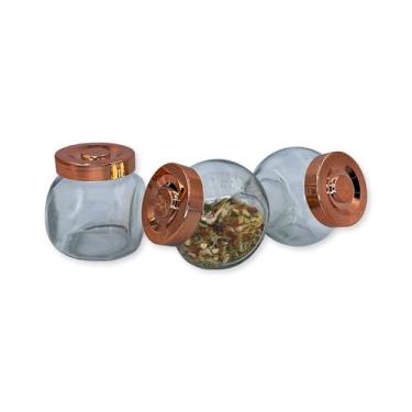 Imagem de Conjunto Porta Temperos e Condimentos com 3 Potes de Vidro para Cozinha, Tampa Rosé Gold, Kit Organizador