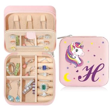 Imagem de Caixa de joias de viagem organizadora para presentes pequena fofa personalizada presente de aniversário natal para filha anel colar brinco caixa organizadora rosa letra A-Z