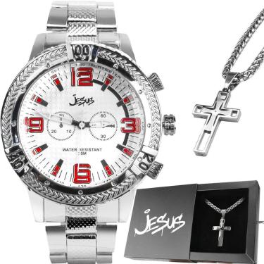 Imagem de Relogio Aço Inox Prata Masculino Prateado Jesus Católico