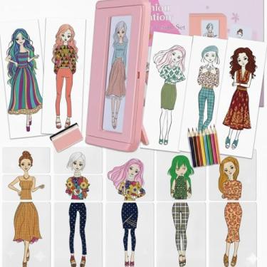 Imagem de Kit de desenho de design de moda rosa para meninas, 15 placas de fricção dupla face com giz de cera, lápis de cor, papel e moldura de exibição, atividade sensorial de artes e artesanato faça você