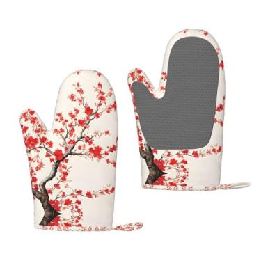 Imagem de Luvas de forno de silicone resistentes ao calor com estampa floral de ameixa japonesa, aderência antiderrapante, uso para grelhar e cozinha (pacote com 2)