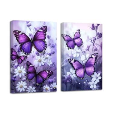 Imagem de LZIMU Quadro de borboleta decoração de parede fantasia meninas arte de parede 2 peças borboletas com estampa de pintura floral rústica arte emoldurada (roxo, 28 x 35 x 2 peças)