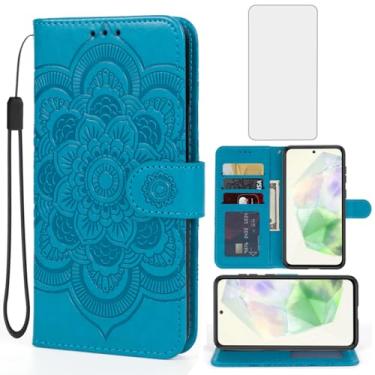 Imagem de Bohefo Capa para Galaxy A56 5G Capa/Galaxy M56 Capa carteira com protetor de tela de vidro temperado, suporte para cartão de crédito Mandala de couro para Samsung Galaxy A56 5G azul