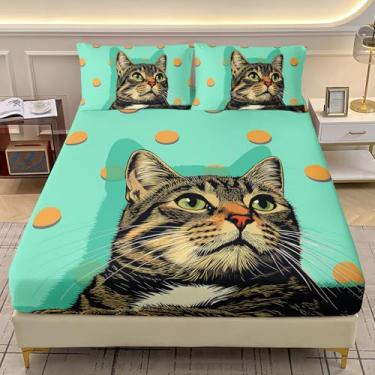 Imagem de AILONEN Jogo de lençol kawaii, solteiro, GG, estampa de bolinhas laranja e gatinho, para crianças, meninas, meninos, lençol com elástico e 2 fronhas combinando