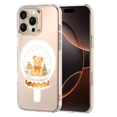 Imagem de MAYCARI Capa de telefone de Natal para iPhone 16 Pro Max compatível com ímã bola de cristal ursinho de pelúcia transparente capa de telefone magnética para meninas e mulheres capa protetora à prova de