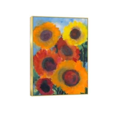Imagem de Pintura de arte de parede de flores - imagem de decoração vintage - Girassóis vermelhos e amarelos - impressões em tela com moldura dourada para sala de estar 90 x 125 cm 35 x 49 pol