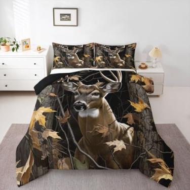 Imagem de jejeloiu Conjunto de edredom de caça de veado para todas as estações, camuflado, com 2 fronhas, animais selvagens, microfibra e Queen, camuflado, cinza, marrom, macio, leve