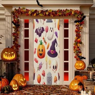 Imagem de Wassud Decoração de capa de porta com elementos de Dia das Bruxas, faixa interna, varanda e casa, decoração de festa grande para porta da frente 96 x 98 polegadas