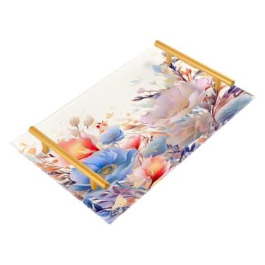 Imagem de Wassud Bandeja de banheiro floral branca clara com alças organizador de perfume de joias de acrílico para banheiro, quarto, cozinha, balcão de 30 x 20 cm