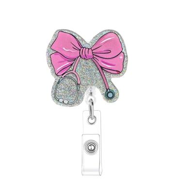 Imagem de Carretel de crachá de estetoscópio de laço rosa retrátil com clipe retrátil para enfermagem RN CNA LPN e assistente médico