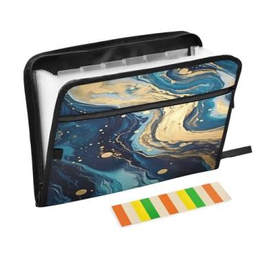 Imagem de Wassud Pasta organizadora de arquivos de papel A4 azul e dourado com etiquetas e pasta de arquivo expansível com 13 bolsos