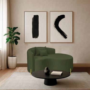 Imagem de Divã Recamier Curvo Sala De Estar Recepção Inglaterra 150cm Pés Metal Dourado Lado Direito Linho Verde