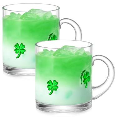 Imagem de FoldTier 2 peças de copo de suco de ícone de trevo do dia de São Patrício com alça 396.9 g Trevo verde copo copo copo de beber à moda antiga caneca de café de coquetel soprado à mão para artigos de