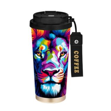 Imagem de YETTASBIN Caneca de café com isolamento térmico Lion de 482 g com tampa canudo, copo à prova de derramamento e vazamento com alça para bebida quente e fria, garrafa de água de aço inoxidável