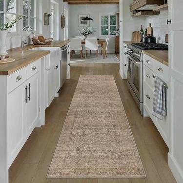 Imagem de PureCozy Tapete de corredor marrom lavável na máquina corredor cozinha vintage envelhecido tapete antiderrapante interior pequeno pilha baixa fina quarto banheiro retro acento tapete lavanderia sala