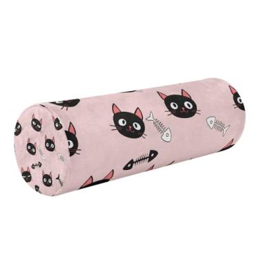 Imagem de CEBUGI Travesseiro redondo de esqueletos de peixe preto com espuma viscoelástica para alívio de dor no pescoço, almofada cervical cilíndrica para pescoço, costas, cabeça e pernas