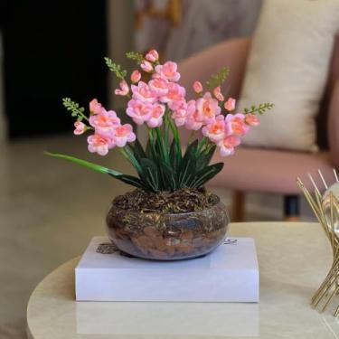 Imagem de Arranjo de Flores Artificiais com Orquídeas em Vaso de Vidro – Decoração para Sala, Mesa, Lavabo e Escritório(Rosa Esc)