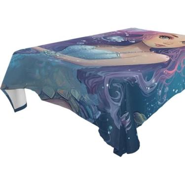 Imagem de YETTASBIN Toalha de mesa quadrada sereia, impermeável, resistente a manchas, lavável de poliéster, para piquenique, jantar, férias, cozinha, festa, decoração, 152 x 152 cm