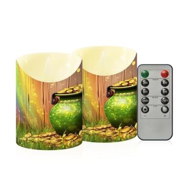 Imagem de Wassud Pacote com 2 velas sem chamas arco-íris de moedas do dia de São Patrício com controle remoto, velas realistas cintilantes com temporizador, velas decorativas para Natal, casamento, festa