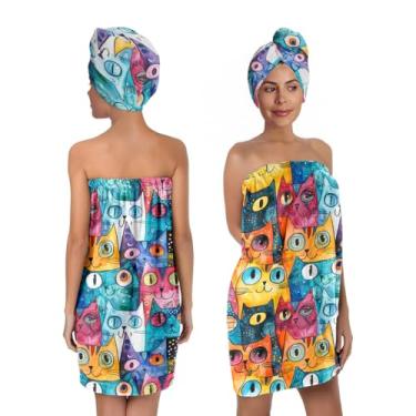 Imagem de YWMAN Conjunto de envoltório de banho com padrão de gato com turbante de cabelo, toalha de banho de microfibra, estampa colorida de gato, envoltório de spa macio absorvente para mulheres, 80 cm x 59