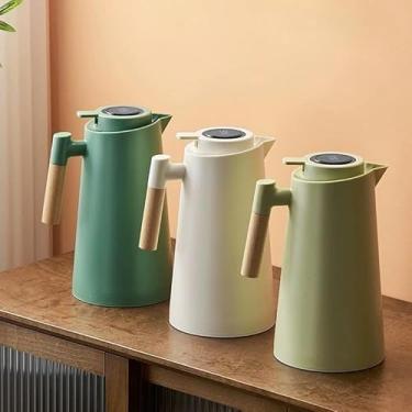 Imagem de Garrafa Térmica Nórdica 1L Cabo Madeira Escandinava - Mantém Quente 12h Frio 24h Design Moderno