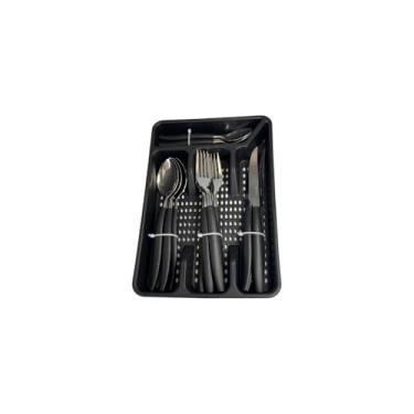 Imagem de Conjunto de Talheres 17 Peças, Faqueiro com Porta Talher, Aço Inoxidável e Plástico, Preto, 4 Colheres, 4 Garfos, 4 Facas, 4 Colheres de Sobremesa