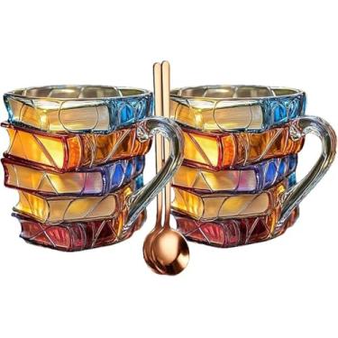 Imagem de Caneca de café para livro pintado, caneca de café exclusiva, 325 ml, legal e divertida, livraria, fofa, leitor ávido, leitor, escritor, bibliotecário, presente. (2 peças com colher)