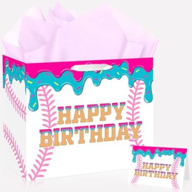 Imagem de JORHANCE Sacos de presente de aniversário gotejamento de beisebol com papel de seda e cartão de aniversário - Grande saco de papel de embrulho para sorvete, pingar, beisebol, decorações de festa de