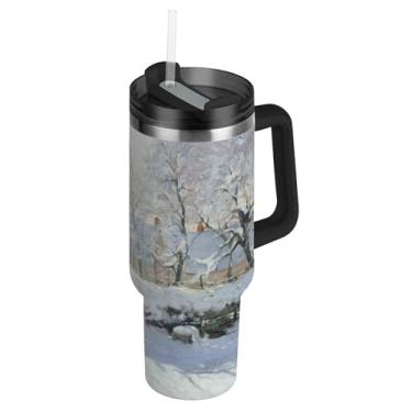 Imagem de Joisal Copo de 1,134 g com alça de aço inoxidável com tampa e garrafas de água com impressão de canudo Copo isolado para impressão de inverno de Claude Monet Magpie quente e frio