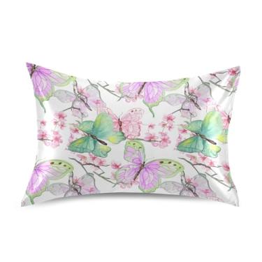 Imagem de Fronhas de cetim com borboletas rosas flores de cerejeira para resfriamento de cabelo King Queen capas de travesseiro padrão arte fofa capa de travesseiro tamanho padrão 66 cm x 50 cm