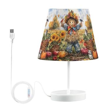 Imagem de Joisal Adorável luminária de cabeceira de outono espantalho com abajur estético de linho, luminária de mesa com porta de carregamento USB