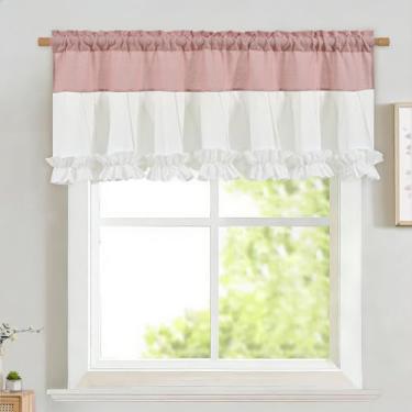 Imagem de Likiyol Sanefas de linho para janelas sanefas de janela de casa de fazenda com babados cortinas rústicas com filtro de luz de cozinha para banheiro café, rosa branco, 132 cm L x 45 cm C