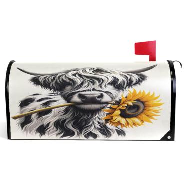 Imagem de TSENQUE Highland Cow Calf Cute Magnetic Mailbox Covers Decorativo Spring Mail Box Wraps Vinil Farmhouse Mailbox Decorações Exterior Tamanho Padrão 52,6 x 45,8 cm