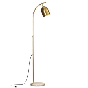 Imagem de Luminária de chão minimalista nórdica em metal polido, ideal para leitura em salas de estar, decoração de interiores, com interruptor de pé e base de mármore. Perfeita para quartos, bibliote