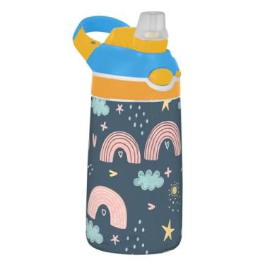 Imagem de Garrafa de água infantil com desenho animado arco-íris fofo para escola, 473 ml, 473 ml, garrafa de água esportiva Tritan com canudo, copos de viagem reutilizáveis para crianças, à prova de vazamento