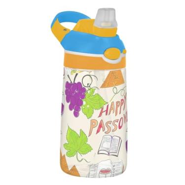 Imagem de Garrafa de água infantil de 473 ml com tampa de canudo à prova de vazamento, garrafa de água esportiva para escola, portátil, 473 ml, copo infantil Tritan, alça de transporte, vinho uva roxa páscoa