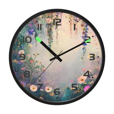 Imagem de SEHANY Relógio de parede vintage com flores de videira silencioso, sem tique-taque, relógio redondo operado por bateria, controle de som, luz noturna, relógios de parede para sala de estar, cozinha