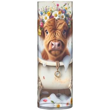 Imagem de Vaso cilíndrico para flores decorativo engraçado vaca highland banho animal vaso grande fofo personalizado exclusivo floral decoração estética, 30 cm x 9,9 cm