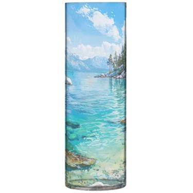 Imagem de Vaso cilíndrico de paisagem azul lago para flores vaso grande de plástico decorativo bonito personalizado decoração de mesa de centro de mesa, 30 cm x 9,9 cm