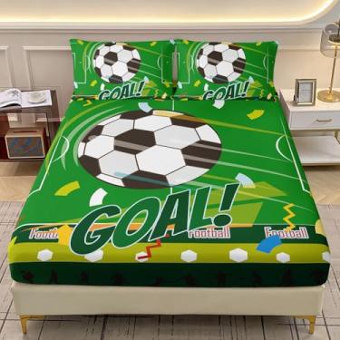 Imagem de AILONEN Jogo de lençol Queen com desenho animado de futebol infantil, estampa de grafite e futebol americano, para meninos e meninas, jogo de esportes com bola, verde, lençol com bolso profundo com 2